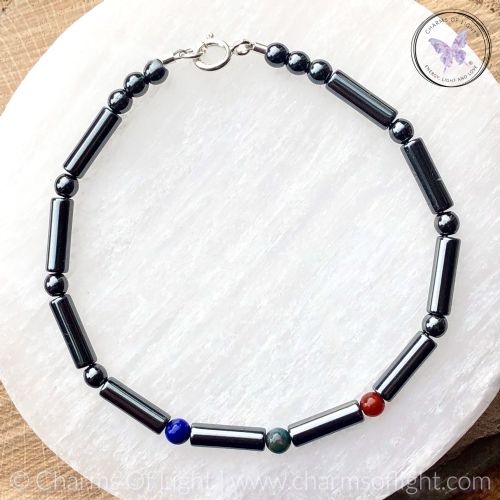 Mens Birthstone Bracelet with Hematite Tubes